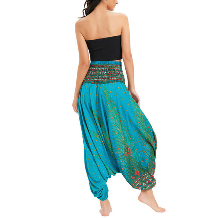 Buddha Stones Zwei Stile Tragen Pfauenfeder Lockere gesmokt Haremshose Overall Hohe Taille Hose