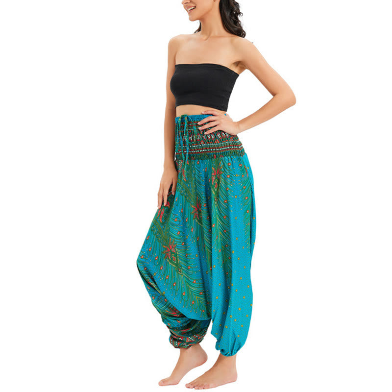 Buddha Stones Zwei Stile Tragen Pfauenfeder Lockere gesmokt Haremshose Overall Hohe Taille Hose - image 27