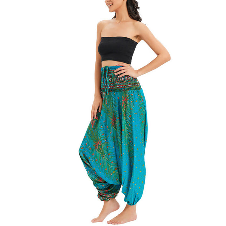 Buddha Stones Zwei Stile Tragen Pfauenfeder Lockere gesmokt Haremshose Overall Hohe Taille Hose - image 27