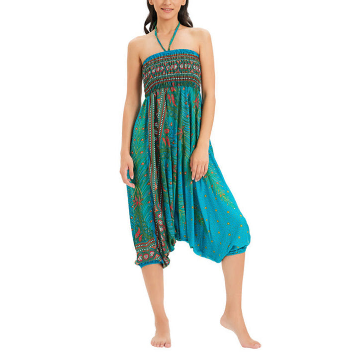 Buddha Stones Zwei Stile Tragen Pfauenfeder Lockere gesmokt Haremshose Overall Hohe Taille Hose