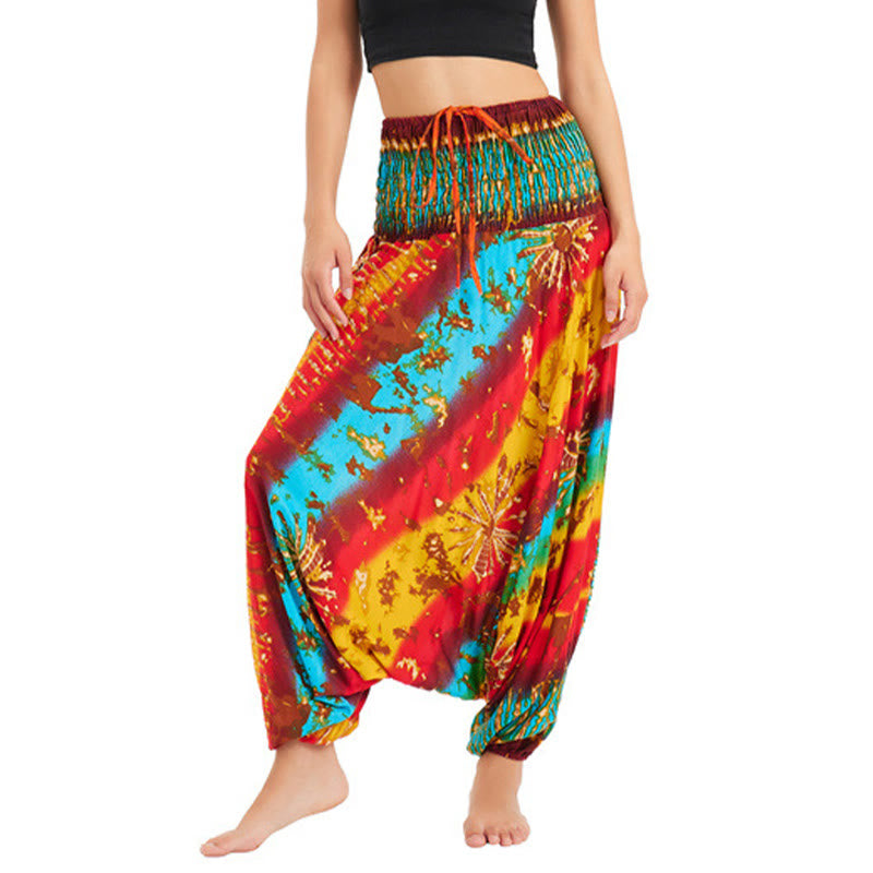 Buddha Stones Zwei Stile Tragen Farbverlauf Bunte Lockere Smocked Haremshose Overall Hohe Taille Hose - Gelb Blau Rot - US2-12, UK/AU6-16, EU34-44 (F) - image 0