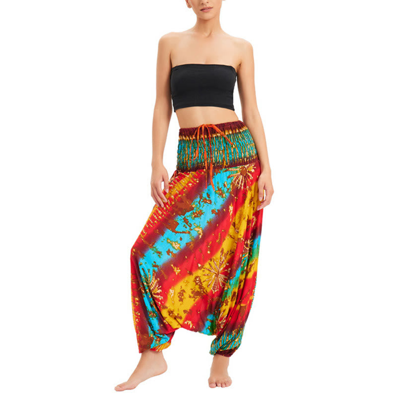 Buddha Stones Zwei Stile Tragen Farbverlauf Bunte Lockere Smocked Haremshose Overall Hohe Taille Hose