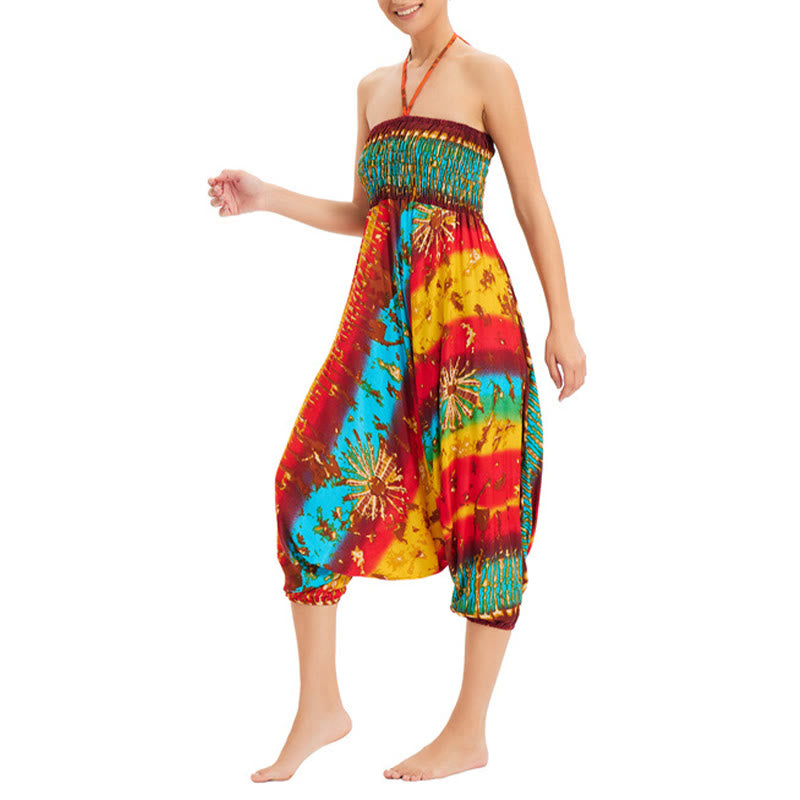 Buddha Stones Zwei Stile Tragen Farbverlauf Bunte Lockere Smocked Haremshose Overall Hohe Taille Hose