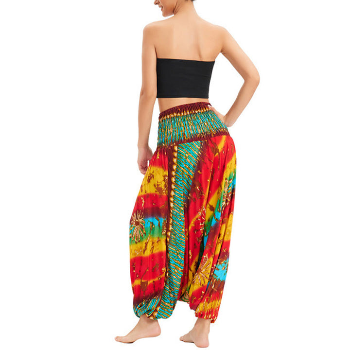 Buddha Stones Zwei Stile Tragen Farbverlauf Bunte Lockere Smocked Haremshose Overall Hohe Taille Hose