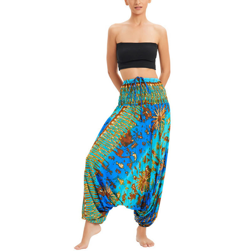 Buddha Stones Zwei Stile Tragen Farbverlauf Bunte Lockere Smocked Haremshose Overall Hohe Taille Hose - Blau Grün - US2-12， UK/AU6-16，EU34-44 (F) - image 8