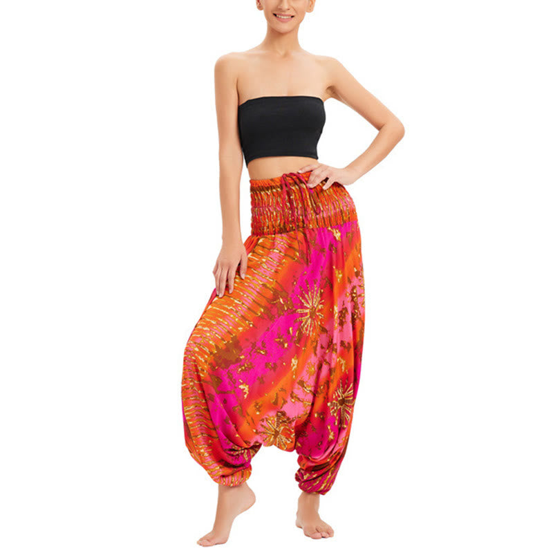 Buddha Stones Zwei Stile Tragen Farbverlauf Bunte Lockere Smocked Haremshose Overall Hohe Taille Hose