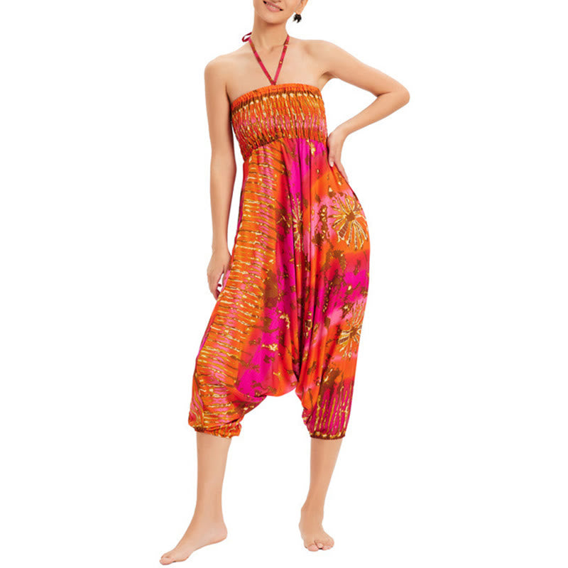 Buddha Stones Zwei Stile Tragen Farbverlauf Bunte Lockere Smocked Haremshose Overall Hohe Taille Hose