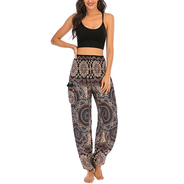 Buddha Stones Boho Lockere Haremshose mit rundem geometrischem Muster für Damen, Yogahose