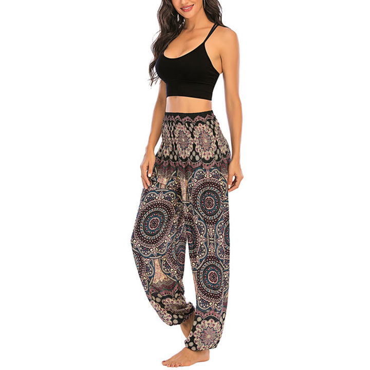 Buddha Stones Boho Lockere Haremshose mit rundem geometrischem Muster für Damen, Yogahose