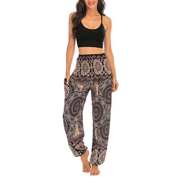 Buddha Stones Boho Lockere Haremshose mit rundem geometrischem Muster für Damen, Yogahose