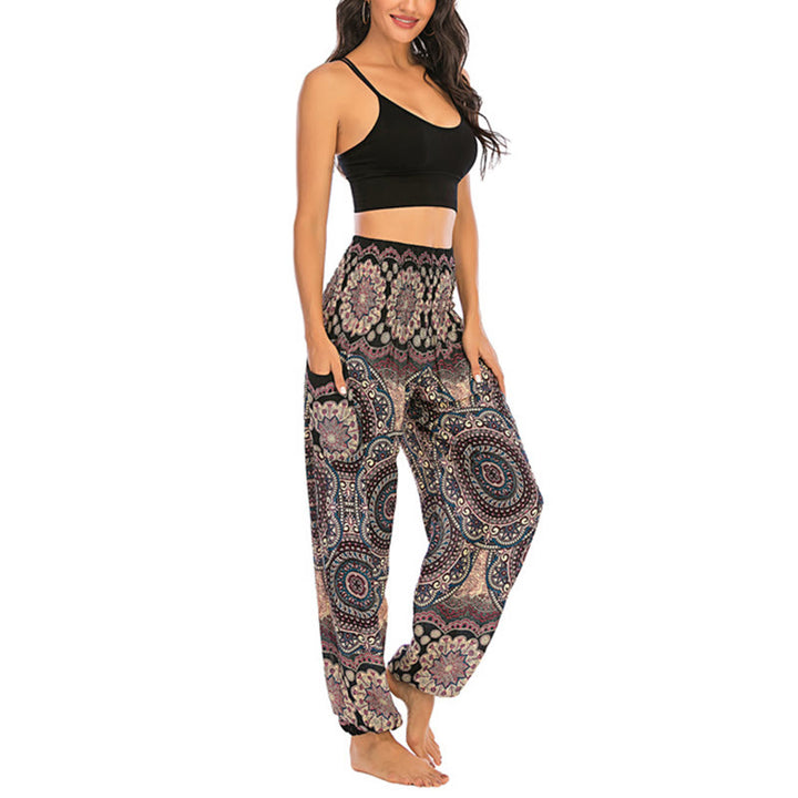 Buddha Stones Boho Lockere Haremshose mit rundem geometrischem Muster für Damen, Yogahose