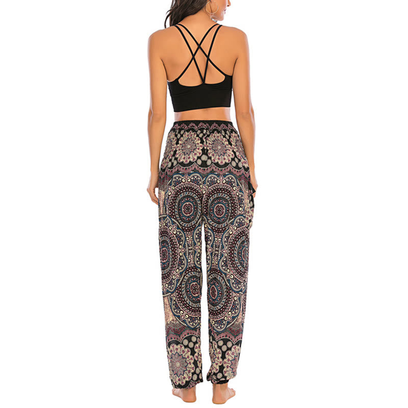 Buddha Stones Boho Lockere Haremshose mit rundem geometrischem Muster für Damen, Yogahose