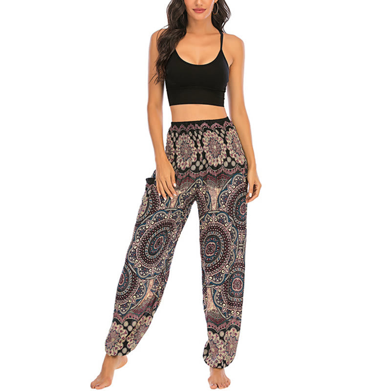 Buddha Stones Boho Lockere Haremshose mit rundem geometrischem Muster für Damen, Yogahose