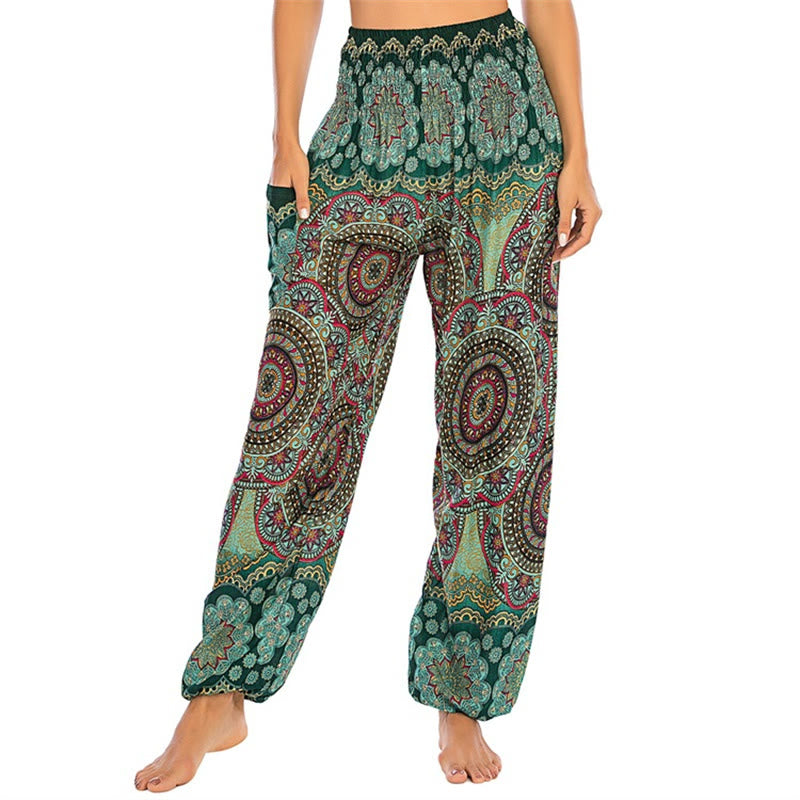 Buddha Stones Boho Lockere Haremshose mit rundem geometrischem Muster für Damen, Yogahose