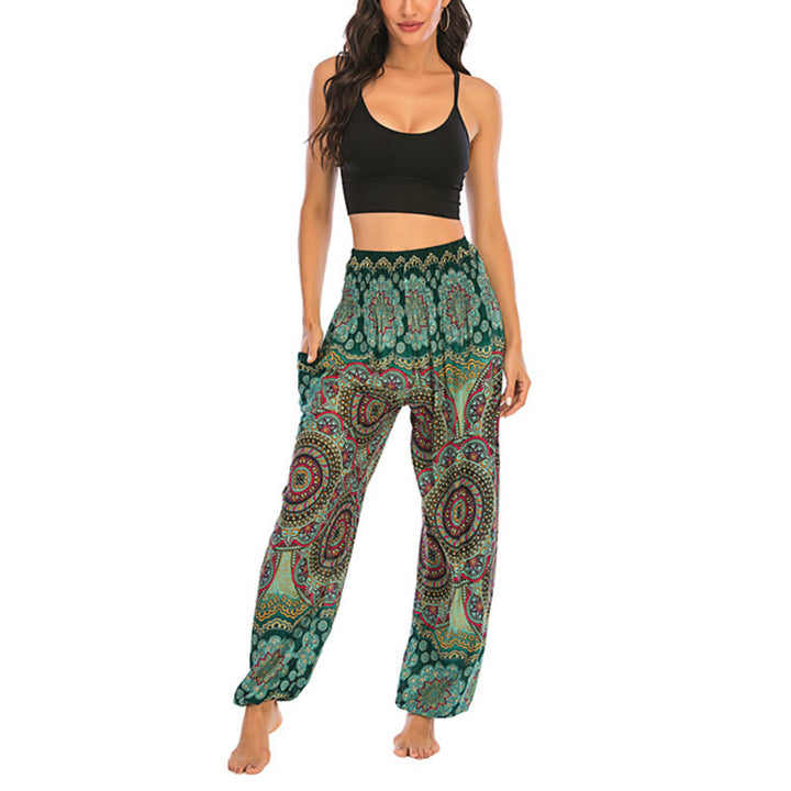 Buddha Stones Boho Lockere Haremshose mit rundem geometrischem Muster für Damen, Yogahose