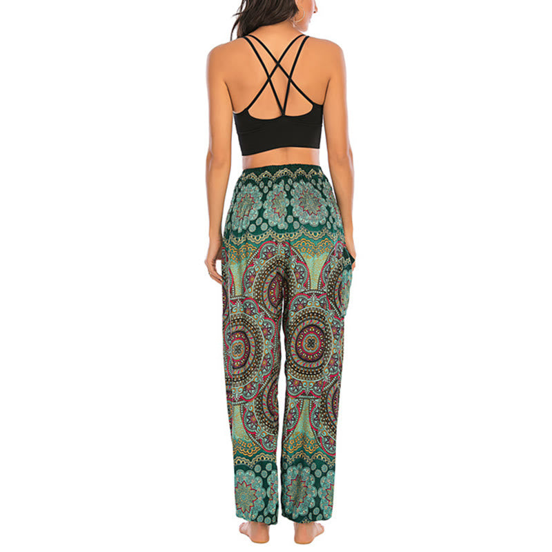 Buddha Stones Boho Lockere Haremshose mit rundem geometrischem Muster für Damen, Yogahose