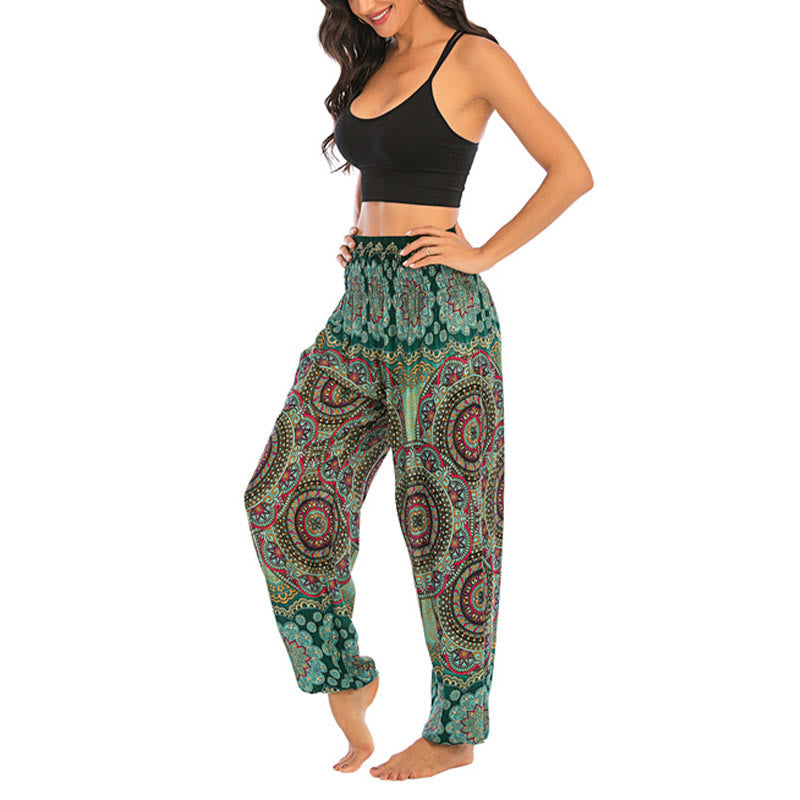 Buddha Stones Boho Lockere Haremshose mit rundem geometrischem Muster für Damen, Yogahose