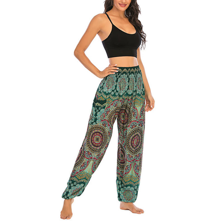 Buddha Stones Boho Lockere Haremshose mit rundem geometrischem Muster für Damen, Yogahose