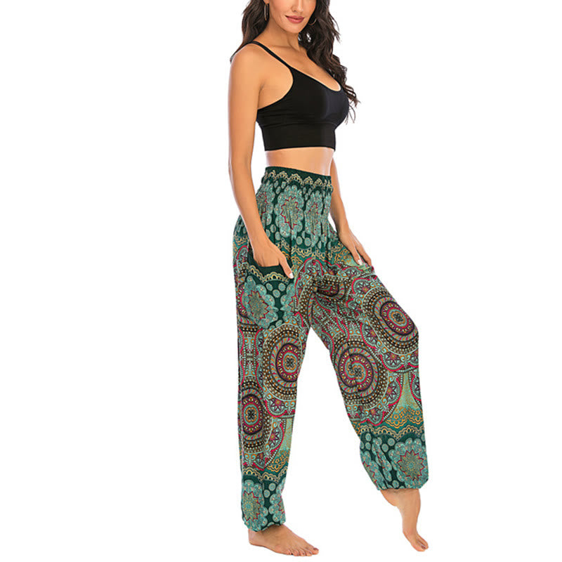 Buddha Stones Boho Lockere Haremshose mit rundem geometrischem Muster für Damen, Yogahose