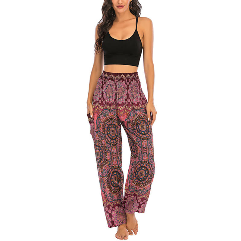 Buddha Stones Boho Lockere Haremshose mit rundem geometrischem Muster für Damen, Yogahose