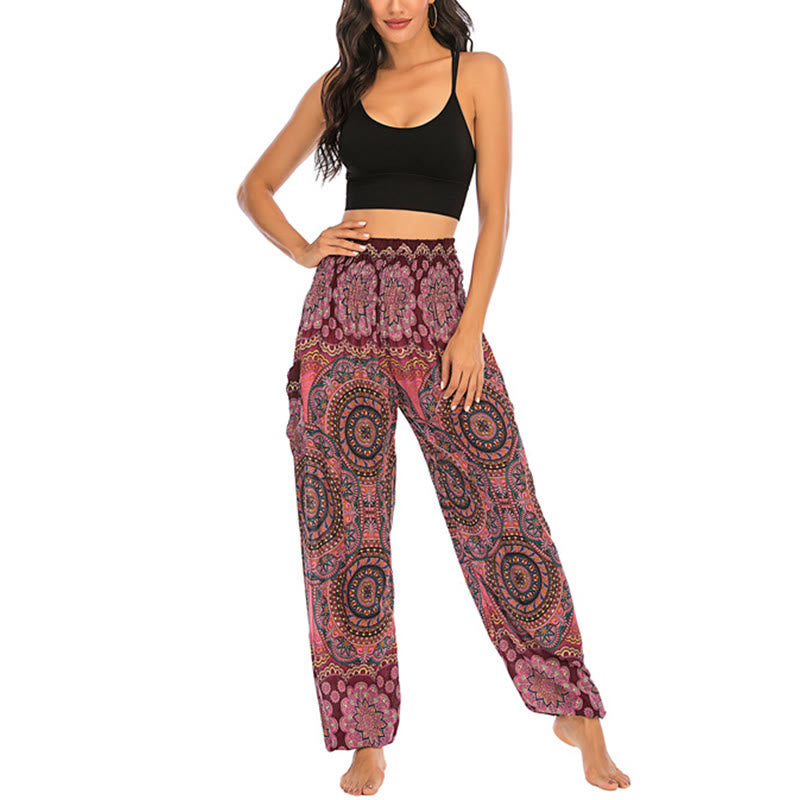 Buddha Stones Boho Lockere Haremshose mit rundem geometrischem Muster für Damen, Yogahose