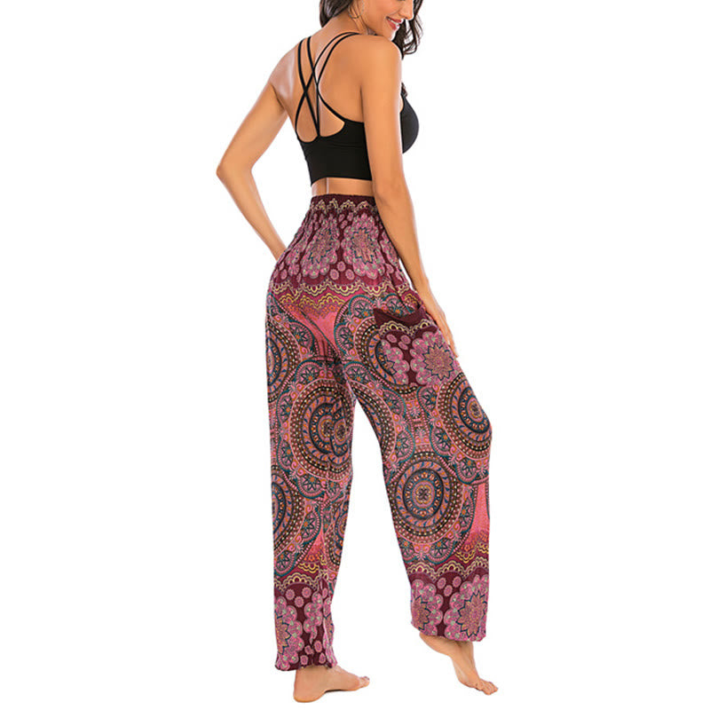 Buddha Stones Boho Lockere Haremshose mit rundem geometrischem Muster für Damen, Yogahose