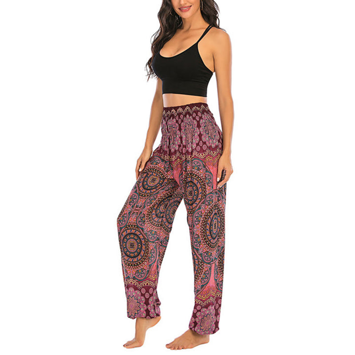 Buddha Stones Boho Lockere Haremshose mit rundem geometrischem Muster für Damen, Yogahose