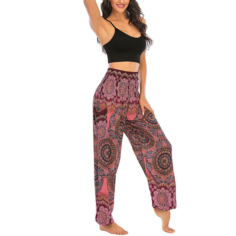 Buddha Stones Boho Lockere Haremshose mit rundem geometrischem Muster für Damen, Yogahose