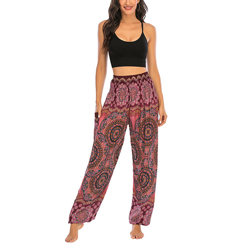 Buddha Stones Boho Lockere Haremshose mit rundem geometrischem Muster für Damen, Yogahose