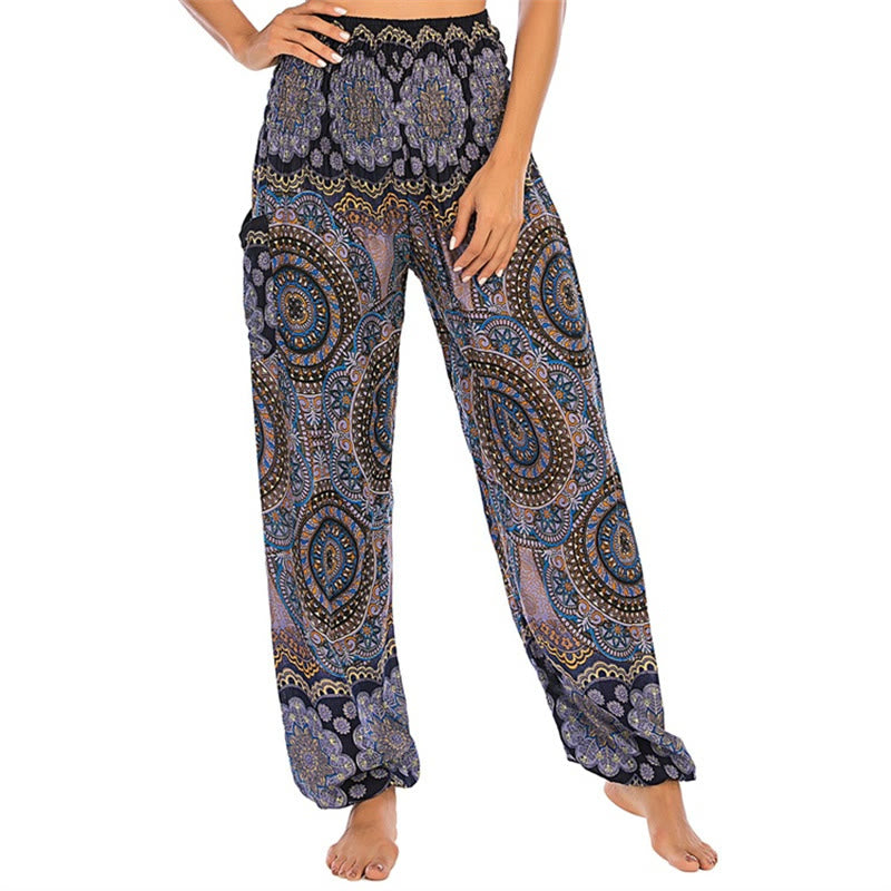 Buddha Stones Boho Lockere Haremshose mit rundem geometrischem Muster für Damen, Yogahose