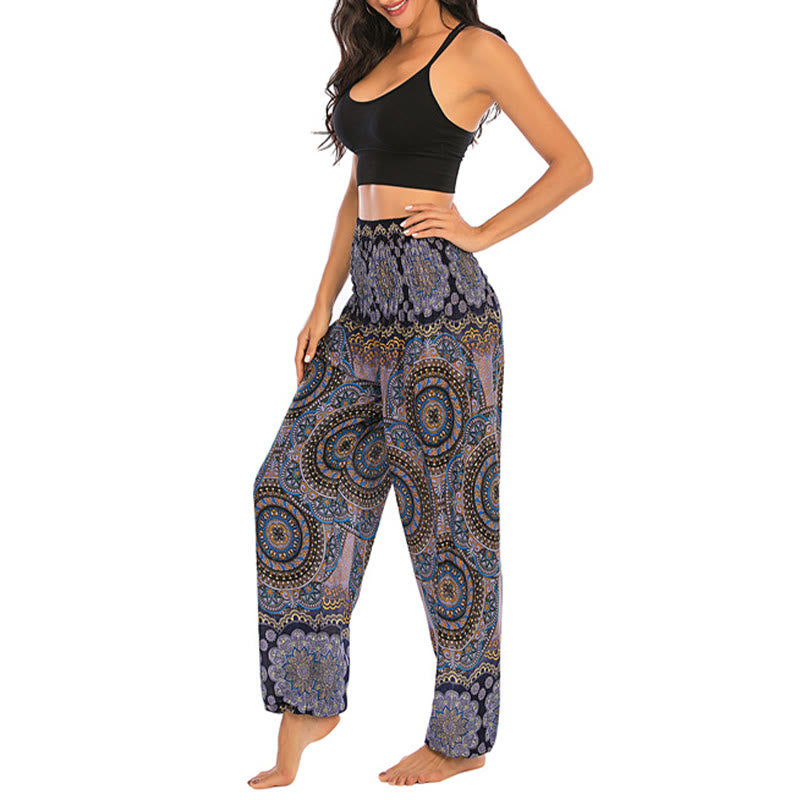 Buddha Stones Boho Lockere Haremshose mit rundem geometrischem Muster für Damen, Yogahose