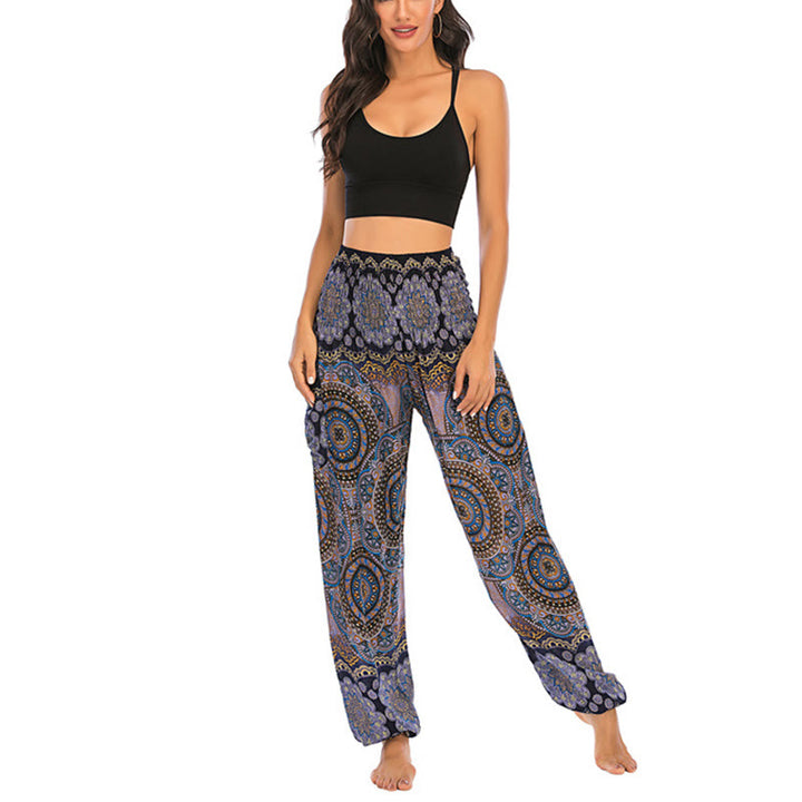 Buddha Stones Boho Lockere Haremshose mit rundem geometrischem Muster für Damen, Yogahose