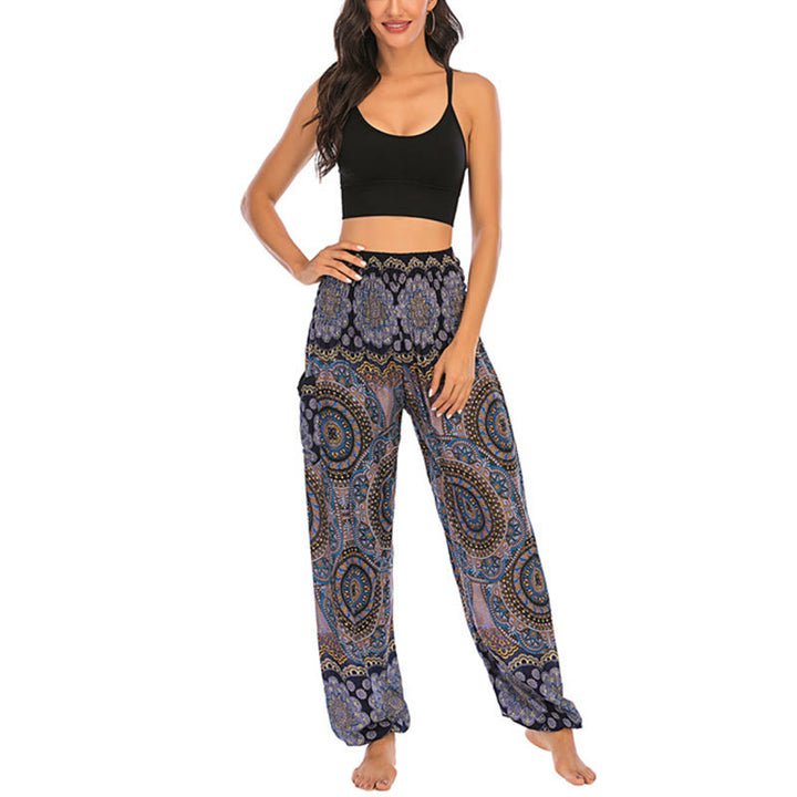 Buddha Stones Boho Lockere Haremshose mit rundem geometrischem Muster für Damen, Yogahose