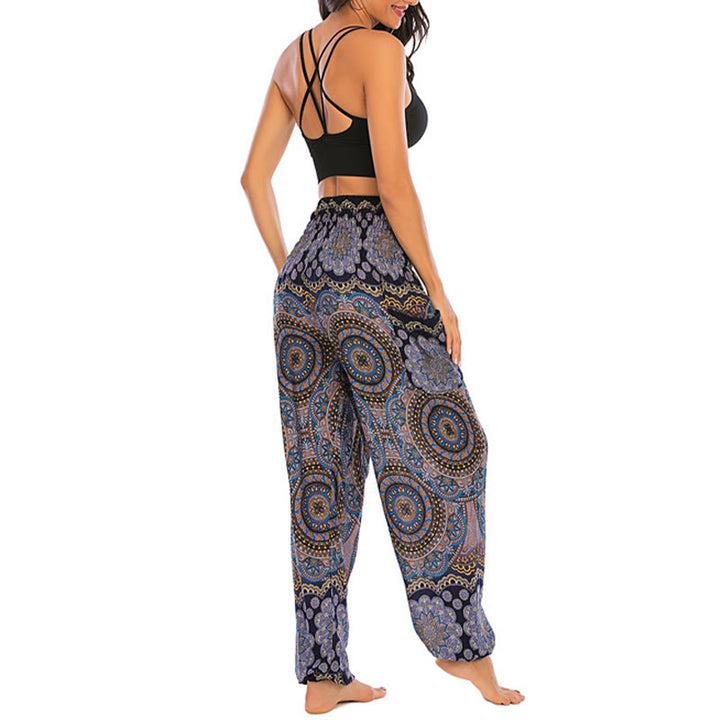 Buddha Stones Boho Lockere Haremshose mit rundem geometrischem Muster für Damen, Yogahose