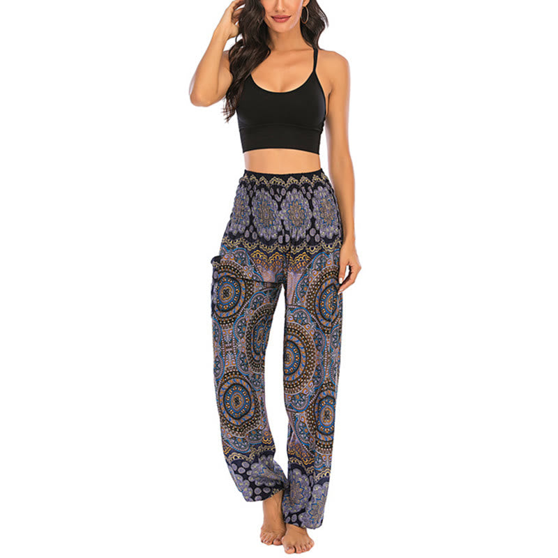 Buddha Stones Boho Lockere Haremshose mit rundem geometrischem Muster für Damen, Yogahose