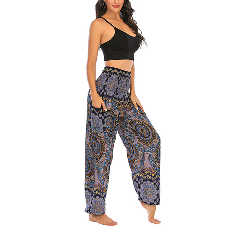 Buddha Stones Boho Lockere Haremshose mit rundem geometrischem Muster für Damen, Yogahose