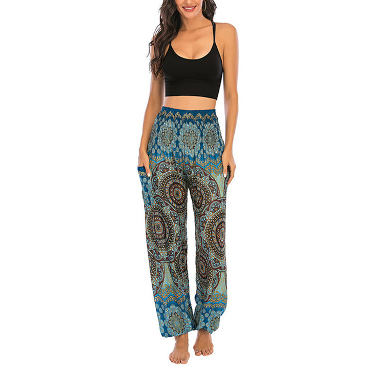 Buddha Stones Boho Lockere Haremshose mit rundem geometrischem Muster für Damen, Yogahose