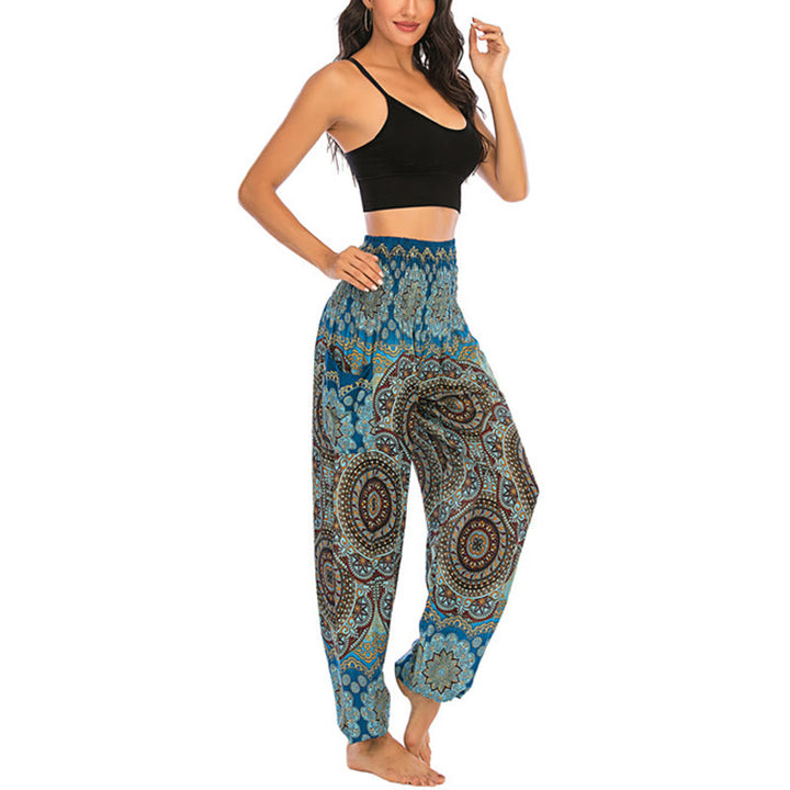 Buddha Stones Boho Lockere Haremshose mit rundem geometrischem Muster für Damen, Yogahose