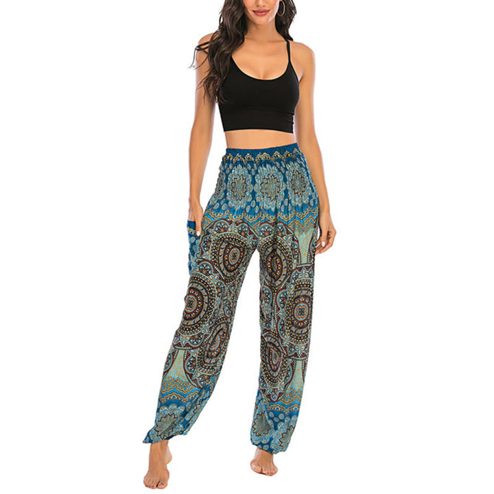 Buddha Stones Boho Lockere Haremshose mit rundem geometrischem Muster für Damen, Yogahose