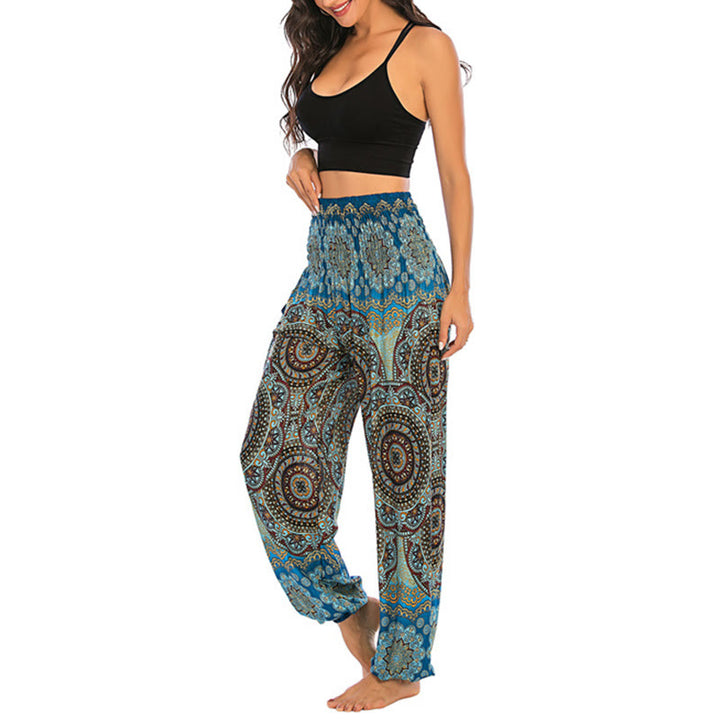 Buddha Stones Boho Lockere Haremshose mit rundem geometrischem Muster für Damen, Yogahose