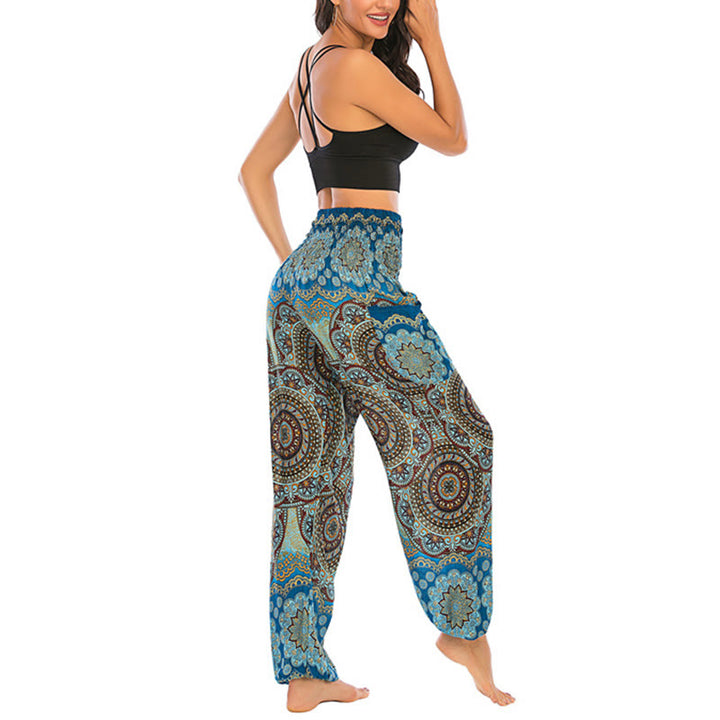 Buddha Stones Boho Lockere Haremshose mit rundem geometrischem Muster für Damen, Yogahose