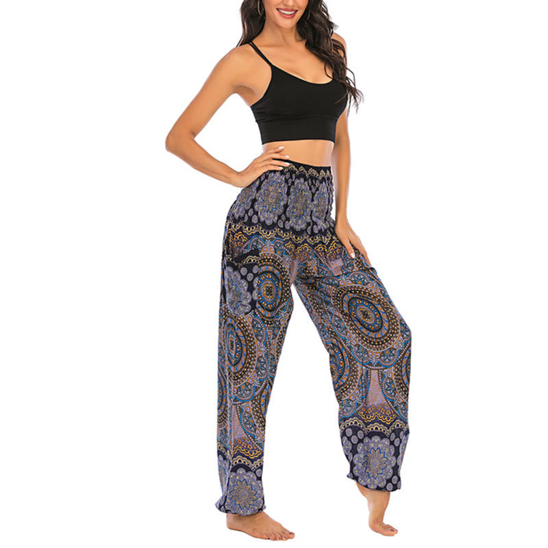 Buddha Stones Boho Lockere Haremshose mit rundem geometrischem Muster für Damen, Yogahose