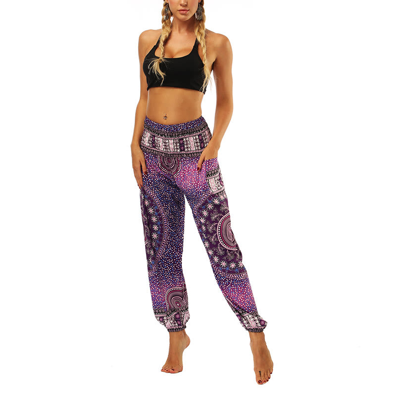 Buddha Stones Boho Lockere Haremshose mit geometrischem Elefantenmuster für Damen, Yogahose