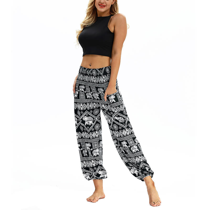 Buddha Stones Boho Lockere Haremshose mit geometrischem Elefantenmuster für Damen, Yogahose