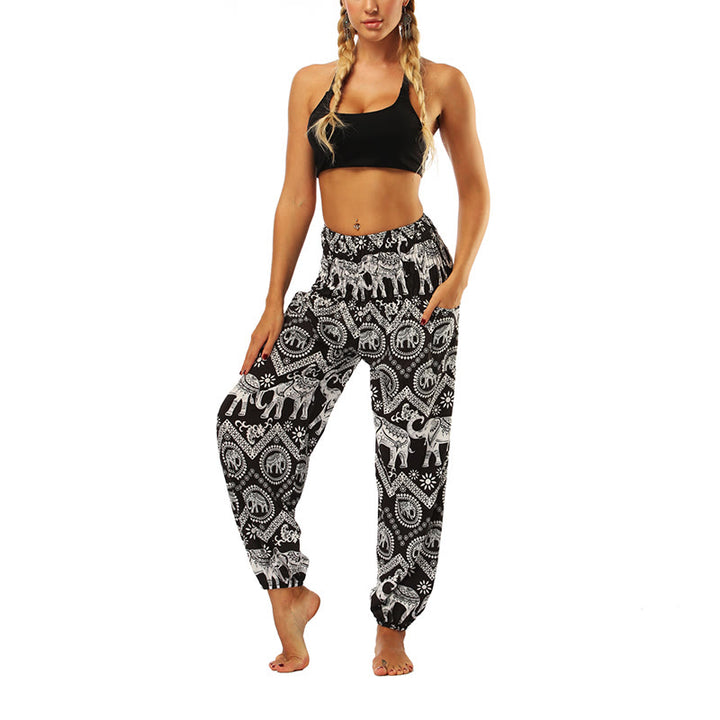 Buddha Stones Boho Lockere Haremshose mit geometrischem Elefantenmuster für Damen, Yogahose