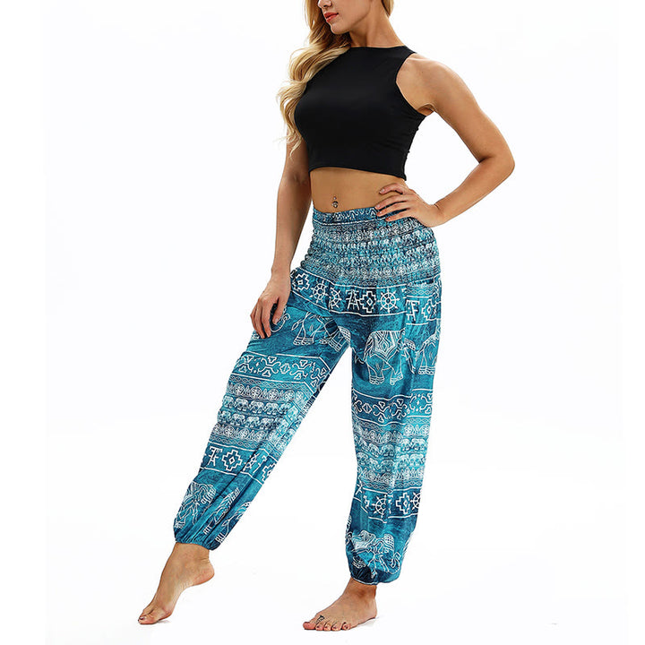 Buddha Stones Boho Lockere Haremshose mit geometrischem Elefantenmuster für Damen, Yogahose