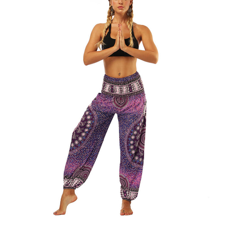 Buddha Stones Boho Lockere Haremshose mit geometrischem Elefantenmuster für Damen, Yogahose