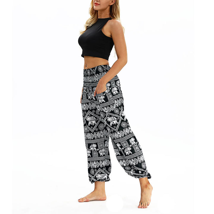 Buddha Stones Boho Lockere Haremshose mit geometrischem Elefantenmuster für Damen, Yogahose