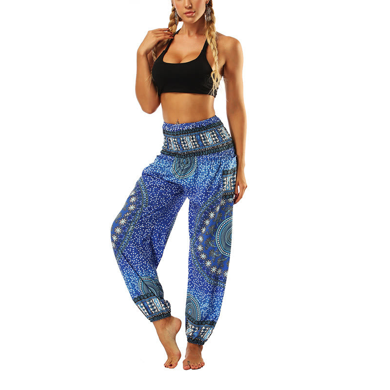 Buddha Stones Boho Lockere Haremshose mit geometrischem Elefantenmuster für Damen, Yogahose