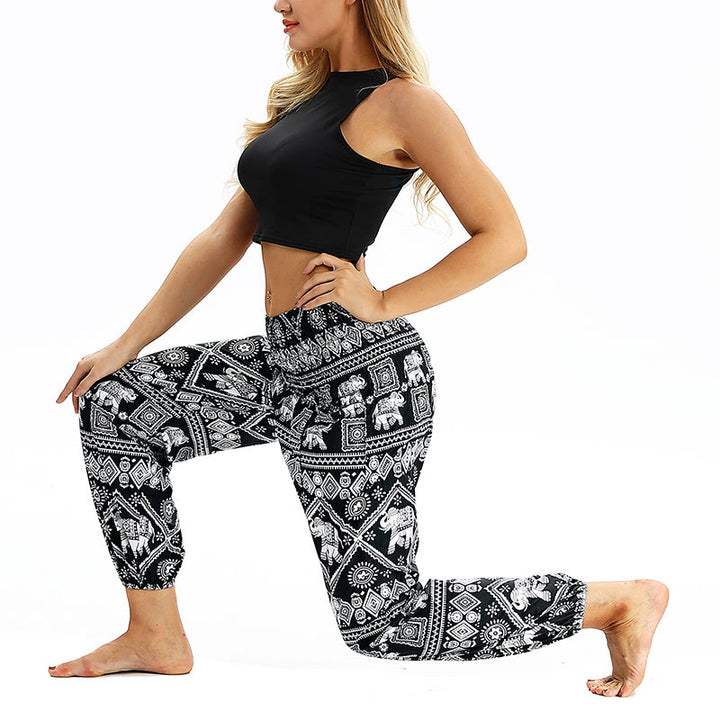 Buddha Stones Boho Lockere Haremshose mit geometrischem Elefantenmuster für Damen, Yogahose